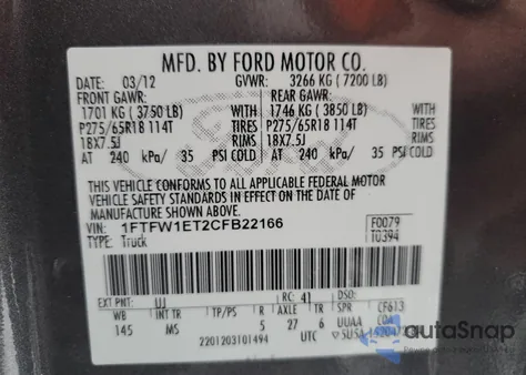 2012 Ford F150 Supercrew z USA, uszkodzony, nr VIN 1FTFW1ET2CFB22166